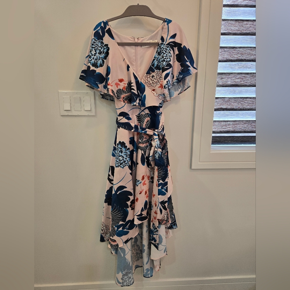 Eliza J Floral High Low Dress in Blue and Cream - Picture 2 of 4